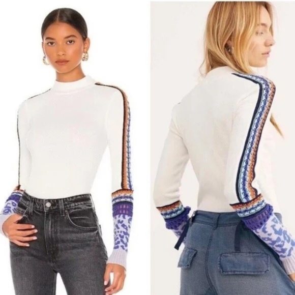 Free People Switch It Up Thermal Top Shirt Womens Crochet Cuff Mock Neck S - Picture 1 of 7